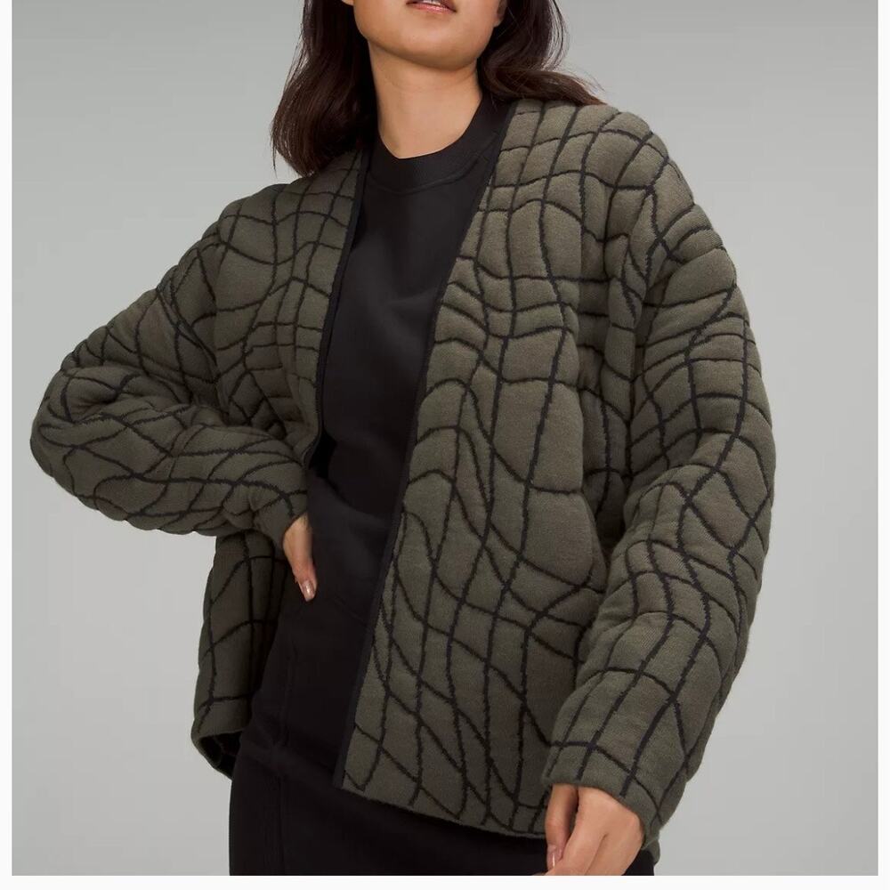 Lululemon Insulated Jacquard Cardigan Jacket Women's 10 Army Green Black